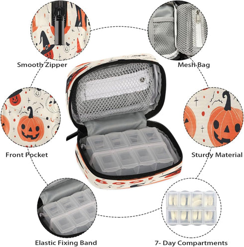Skerhhux 7 Pumpkin Decorate Holidays Pill Case Travel Pill Organizer Weekly Day Portable with Zipper Medicine Box Pill