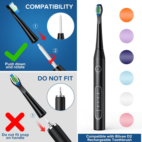 Replacement Toothbrush Heads, 10 Pack for Bitvae Daily D2 Rechargeable Toothbrush, Black Refills