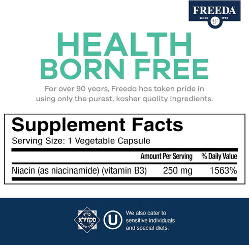 Freeda Niacinamide, Vitamin B3 Niacinamide 250 mg, Vegetarian No Flush Niacin Formula, 500 Capsules