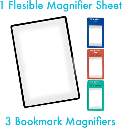 MagniPros Premium 3X (300%) Page Magnifying Lens with 3 Bonus Bookmark Magnifiers for Low Vision Aids
