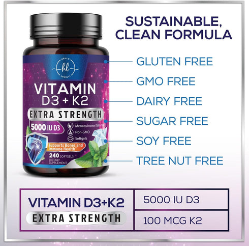 K2 (MK-7) D3 5000IU (125mcg) D3K2 Immune 240 Vitamin D with - Vitamin Per Serving - Complex Supplement for Bone, Teeth
