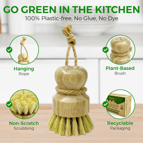 Set 3 AIRNEX Bamboo Dish Brush of - Natural Wooden Dish Scrubber w/Medium Stiff Sisal & Coconut Bristles - Kitchen