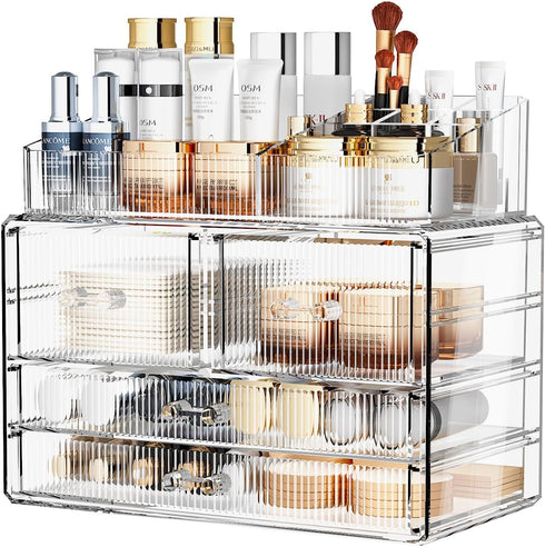 ZHIAI Clear Stackable Storage Drawers, 1 Top 4 Drawers, Bathroom Counter Organizer for Home, Kitchen Cabinets