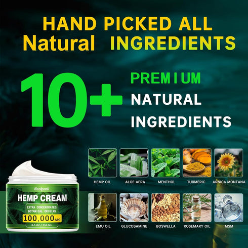 Healpark 8.5 oz hemp Cream - fl -with Arnica,MSM, Turmeric, Menthol, Aloe