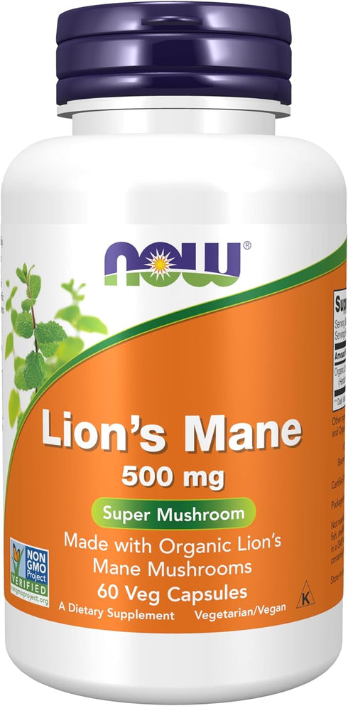 NOW Supplements Lion's Mane 500 mg, Super Mushroom, 60 Veg Capsules