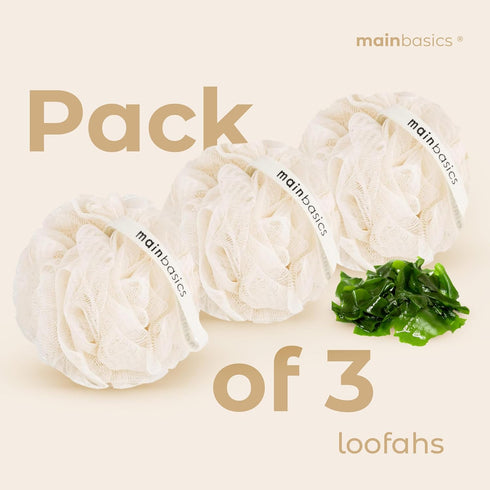 MainBasics Seaweed Infused Bath Shower Loofah Sponge Pouf, Body Wash Scrubber Set of 3
