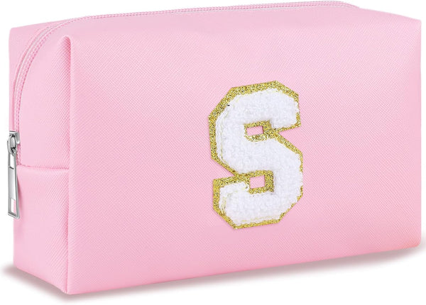 Pink PU Makeup Pouch - Personalized Preppy Initial Cosmetic Bag for Women, Small Travel Skin Care Stuff (S)