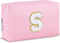 Pink PU Makeup Pouch - Personalized Preppy Initial Cosmetic Bag for Women, Small Travel Skin Care Stuff (S)