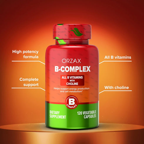 ORZAX Vitamin B Complex Supplement for Women & Men with Choline, Inositol - Balanced Energy Metabolism, Immune & Nerve