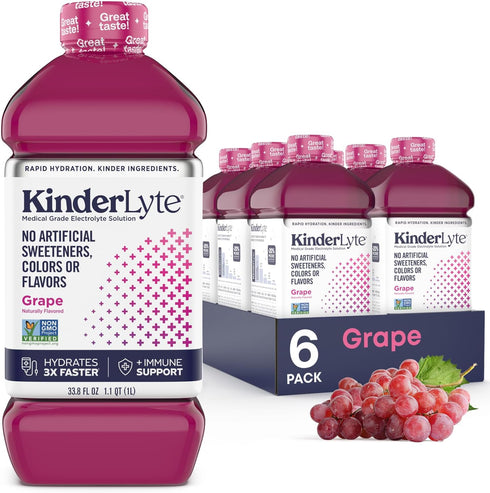 Kinderlyte Pediatric Electrolyte Solution, Doctor-Formulated for Rapid Rehydration, Kid-Friendly Taste (Grape, 6-Pack)
