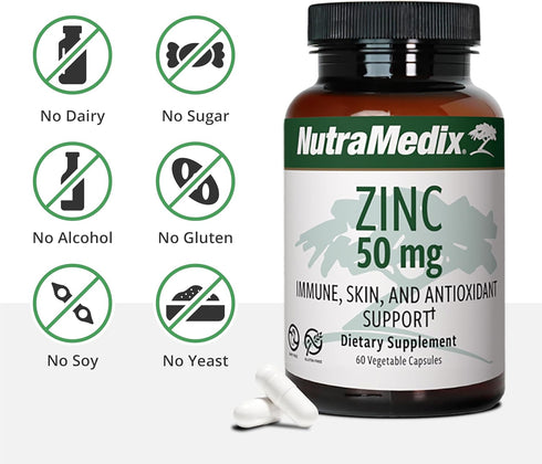 NutraMedix Zinc 50mg - Zinc Supplements for Immune Defense, Skin Health & Antioxidant Support (60 Capsules)