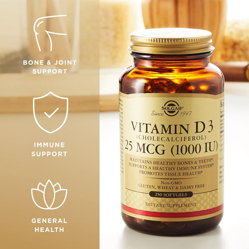 Solgar Vitamin D3 (Cholecalciferol) 25 MCG (1000 IU), 250 Softgels - Immune System Support, Healthy Bones & Teeth -