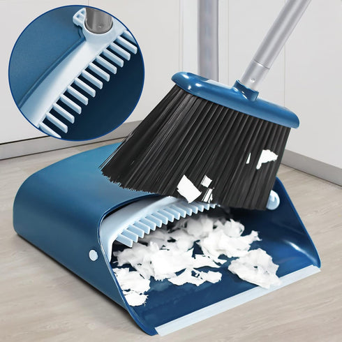 Standing Dustpan and Broom Set with 52" Long Extendable Handle for Indoor, Kitchen, Office & Lobby Cleaning