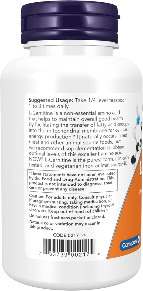 NOW Foods Supplements L-Carnitine Pure Powder, 3-Ounce, Boosts Cellular Energy, Amino Acid