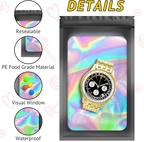 100 PCS Smell Proof Bag - Holographic Packaging Bags for Small Business, Resealable for Food Storage