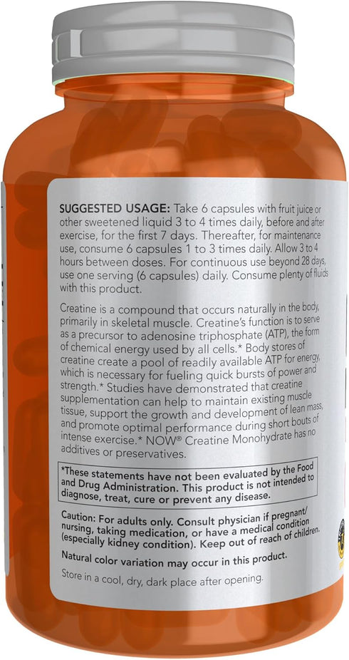NOW Foods Sports Nutrition - Creatine Monohydrate 750 mg, Mass Building/Energy Production - 240 Veg Capsules