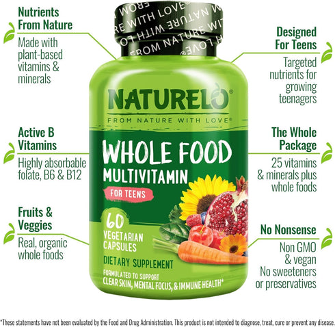 NATURELO Teen Multivitamin - Whole Food Multivitamin with Minerals for Active Kids, Non-GMO, Vegan & Vegetarian, 60