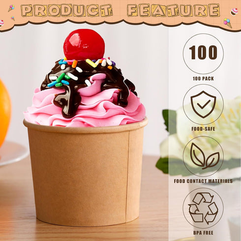 100 Pieces Ice Cream Cups - Paper Disposable Sundae Bowls, Kraft Paper Hot Cold Soup Snack Yogurt Dessert Small Cups