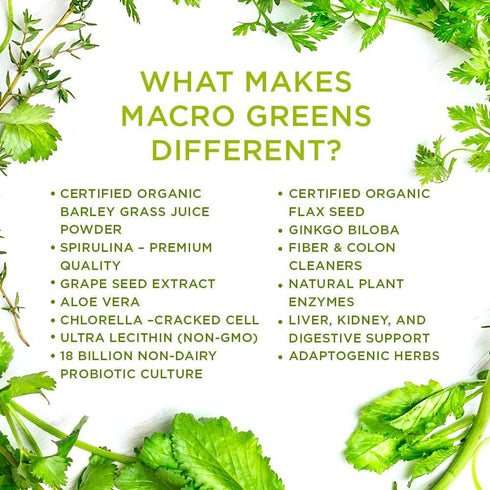 Macro Greens Powder - MacroLife Naturals, 38 Superfood Probiotic Antioxidant Supplement, 10oz (30 Servings)