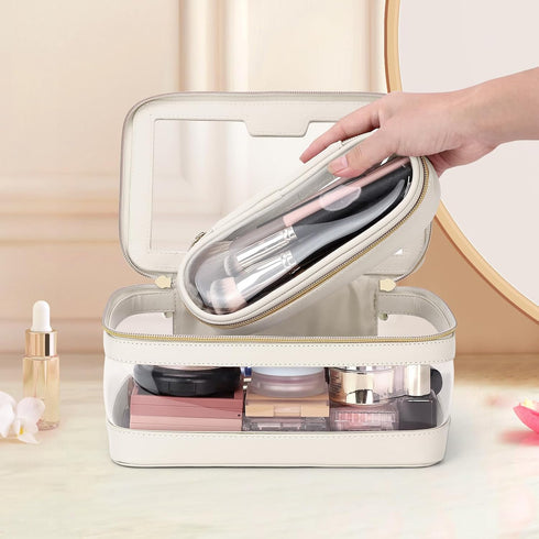 Travel Clear Makeup Bag, Portable Cosmetic Organizer Storage Bag, Leather Makeup Case with Brush Bag, Waterproof,