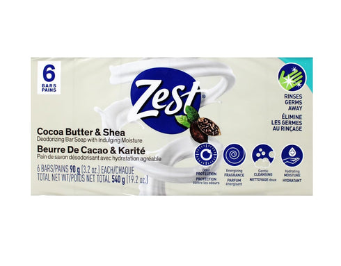 Zest Creamy Cocoa Butter & Shea Soap, 6 Bars, 3.2 Oz Each, 3.2 Fl Oz
