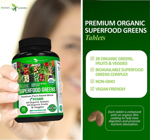 Organic Superfood Greens, Fruit and Veggies Supplement Rich in Vitamins & Antioxidants with Alfalfa, Beet Root & Tart
