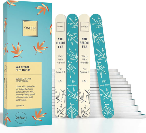 Onsen Secret Japanese Nail File, Professional 20-Pack Double Sided Natural & Acrylic Nail Filers, Disposable