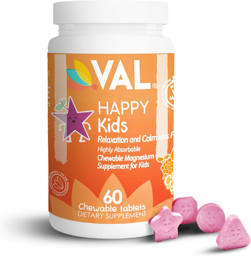 VAL Chewable Magnesium for Kids, Relaxation & Calm Formula, Glycinate, Citrate, Taurate, Vitamin B6, D, C, 60 Tablets
