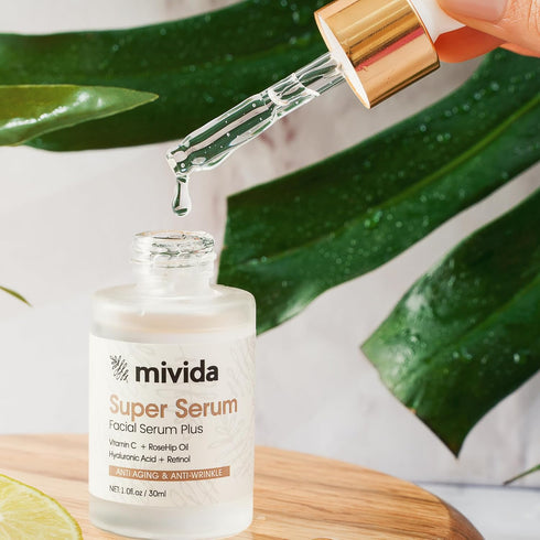 mivida Super Serum for Face 1.0 oz | All-In-One Natural Facial Serum with Retinol, Hyaluronic Acid, RoseHip Oil &