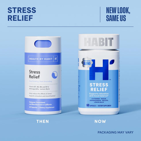 HABIT Stress Relief Supplement (60 Capsules) - New Look, Supports Relaxation & Mood Balance, Vitamin B, Adaptogens, Lemon Balm, Calming, Vegan, Non-GMO (1 Pack)