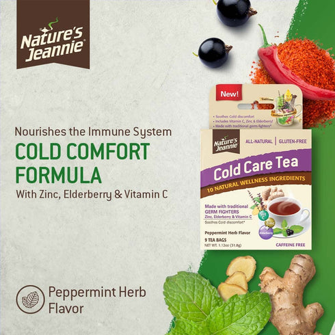 Nature's Jeannie Cold Care Tea - Peppermint Herb Flavor - 9 Tea Bags - Soothes Cold Discomforts with Zinc, Vitamin C, Elderberry, & Traditional Natural Germ Fighters