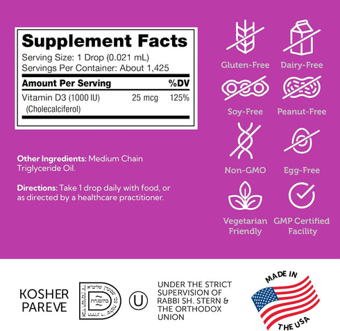 Zahler Liquid Vitamin D3 1000 IU Adult Supplement for Women & Men, Vegetarian Kosher Non-GMO, 1 fl oz