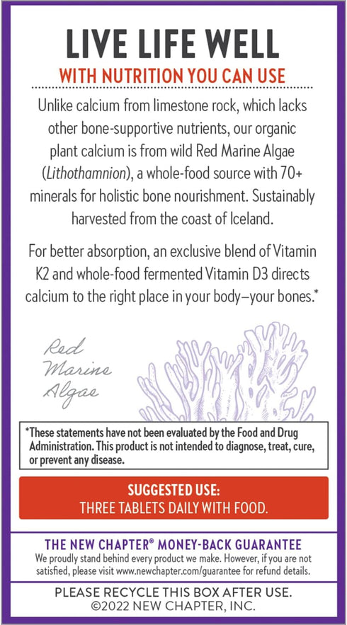 New Chapter Calcium Supplement with Magnesium, Vitamin D3+K2, 70+ Trace Minerals for Bone Health, 60 Slim Tablets