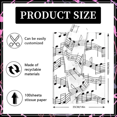 100 Sheets Musical Notes Tissue Paper, Black White Staff Pattern Gift Wrapping for Parties, 19.7 x 13.8 Inch