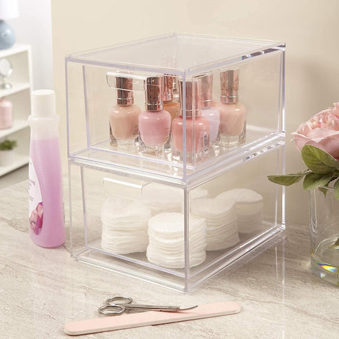 STORi Audrey Stackable Clear Bin Plastic Organizer Drawers | 2 Piece Set | Organize Cosmetics and Beauty Supplies on
