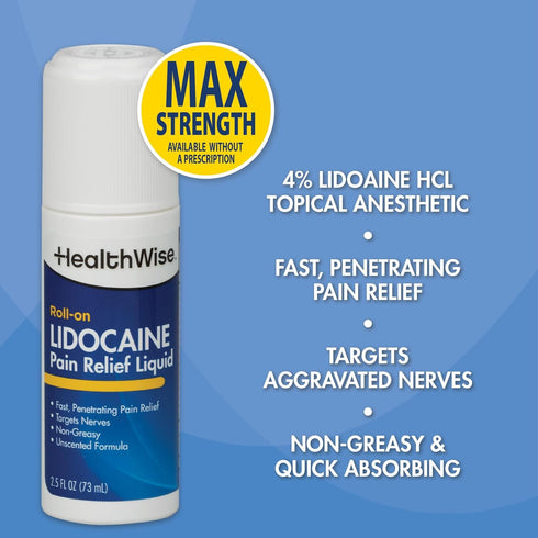 HealthWise 4% Lidocaine Roll-On, OTC Strength Pain Relief Liquid, 2.5 oz. 73 mL, Non-Greasy, Unscented