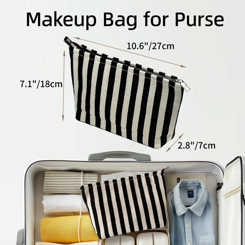 Makeup Bag, Travel Makeup Bag For Purse, Striped Cosmetic Bag, Small Make Up Bag, Canvas Makeup Bag For Women, High Capacity Wash Bags, Toiletry Bag, Zipper Travel Pouch, Personalized Gift