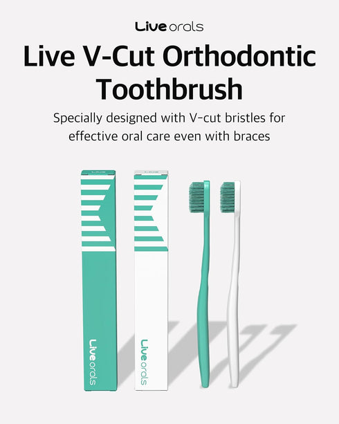 Pack 6, LiveOrals V-Cut Orthodontic Toothbrush (White) of Medium Bristles, Ergonomic Manual Toothbrush for Adults
