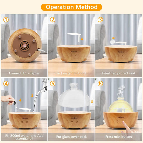 HiiTii 200 ml Wood Base Ultrasonic Essential Oil Diffuser Air Humidifier, Glass Oil Diffuser for Home Office Hotel