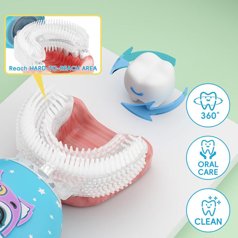 Rumengling 4 2-12 Kids Toothbrush Electric, U Shaped Ultrasonic Automatic Toothbrush with Brush Heads, Two Cleaning