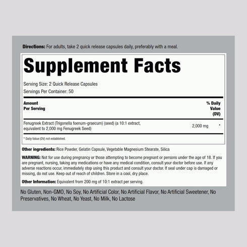 Piping Rock Fenugreek Capsules 2000mg | 100 Pills | Concentrated Herbal Extract Supplement | Non-GMO, Gluten Free