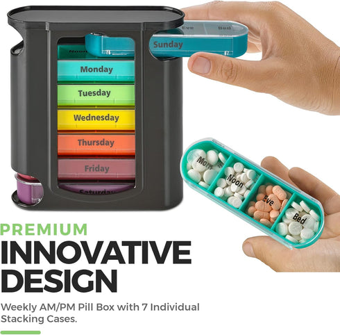 Stackable Daily Pill Organizer - Weekly Medication Reminder, Premium AM/PM Pill Box with 7 Individual Stacking Cases