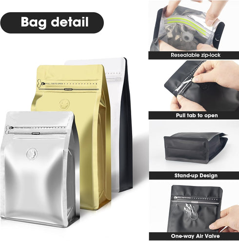 Valve(60pcs,8 oz,1/2 lb) Packaging Coffee Bags with Vented Coffee Beans Bags High Barrier Aluminumed Foil Flat Bottom