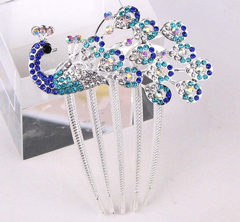 Wedding Bridal Headpiece Rhinestone Hair Comb, Women Peacock Hair Clip Side Comb Hair Accessory (Blue)