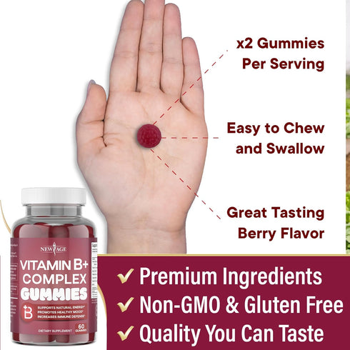 NEW AGE Vitamin B Complex Gummies with B3, B5, B6, B7, B9 & B12, Gluten-Free, Vegan, 60 Count