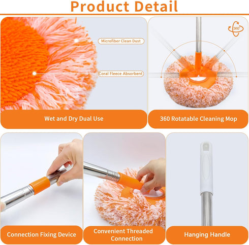 LPABY 360 5 78 Inch Rotatable Adjustable Wall Mop with Mop Heads, Wall Cleaner for Floor, Ceiling & Baseboard