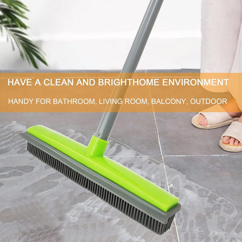 Push Broom for Pet Hair Removal with Squeegee, Soft Silicone Bristle Broom for Cat/Dog Hair, Green