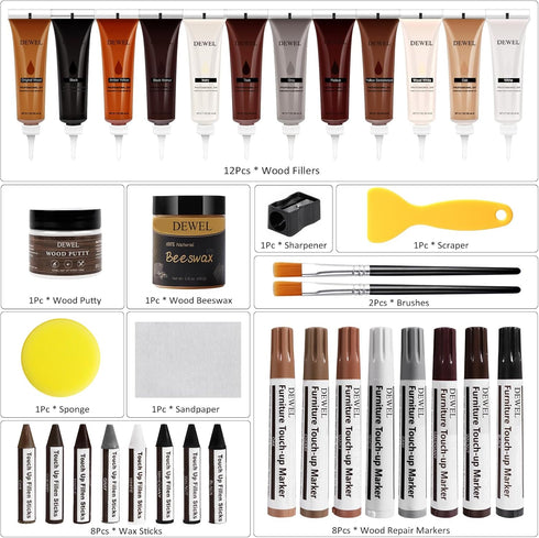 DEWEL Wood Furniture Repair Kit, Upgrade Wood Fillers, Touch Up Markers, Wax Sticks, Beeswax for Cracks and Scratches