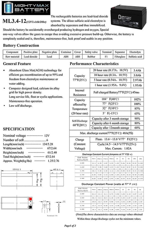 ML3-12 - 12 Volt 3 AH, F1 Terminal, Rechargeable SLA AGM Battery
