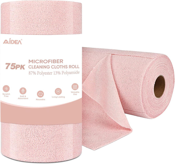 AIDEA Pink Microfiber Cleaning Cloth Roll - 75PK, Reusable Tear Away Towels for Cars, Kitchen, and Windows